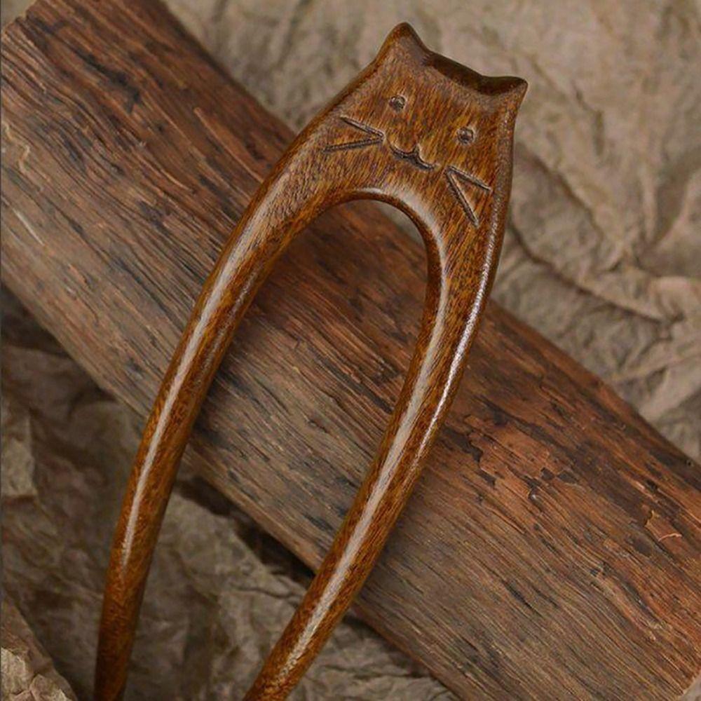 Wooden Cat Pattern Hair Sticks Chinese Style Hanfu Hairpin New U Shaped Hair Forks  Women Girls
