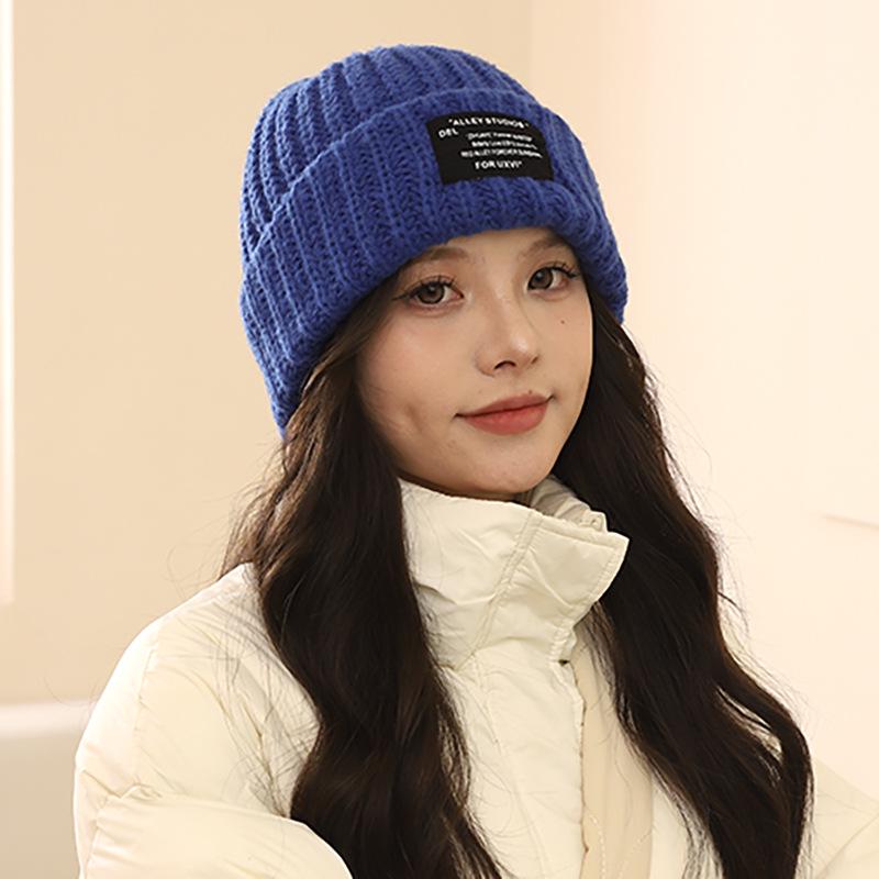 Jednobarevná vlněná pletená čepice - velká, teplá, unisex na outdoor, podzim a zima, korejský styl
