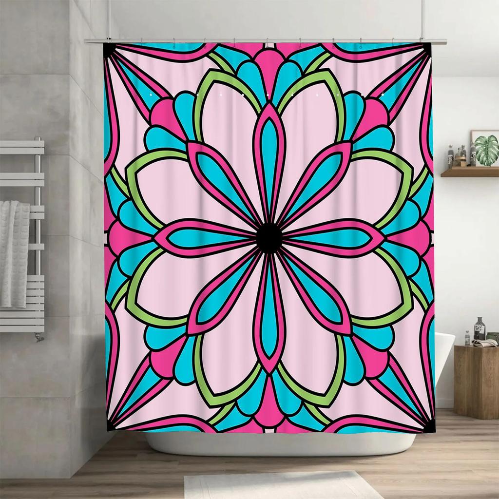 Brightly Colored Mandala Shower Curtain Pink, Blue Green Watercolor Floral Design for Bathroom Decor Large Size (72x84inches)