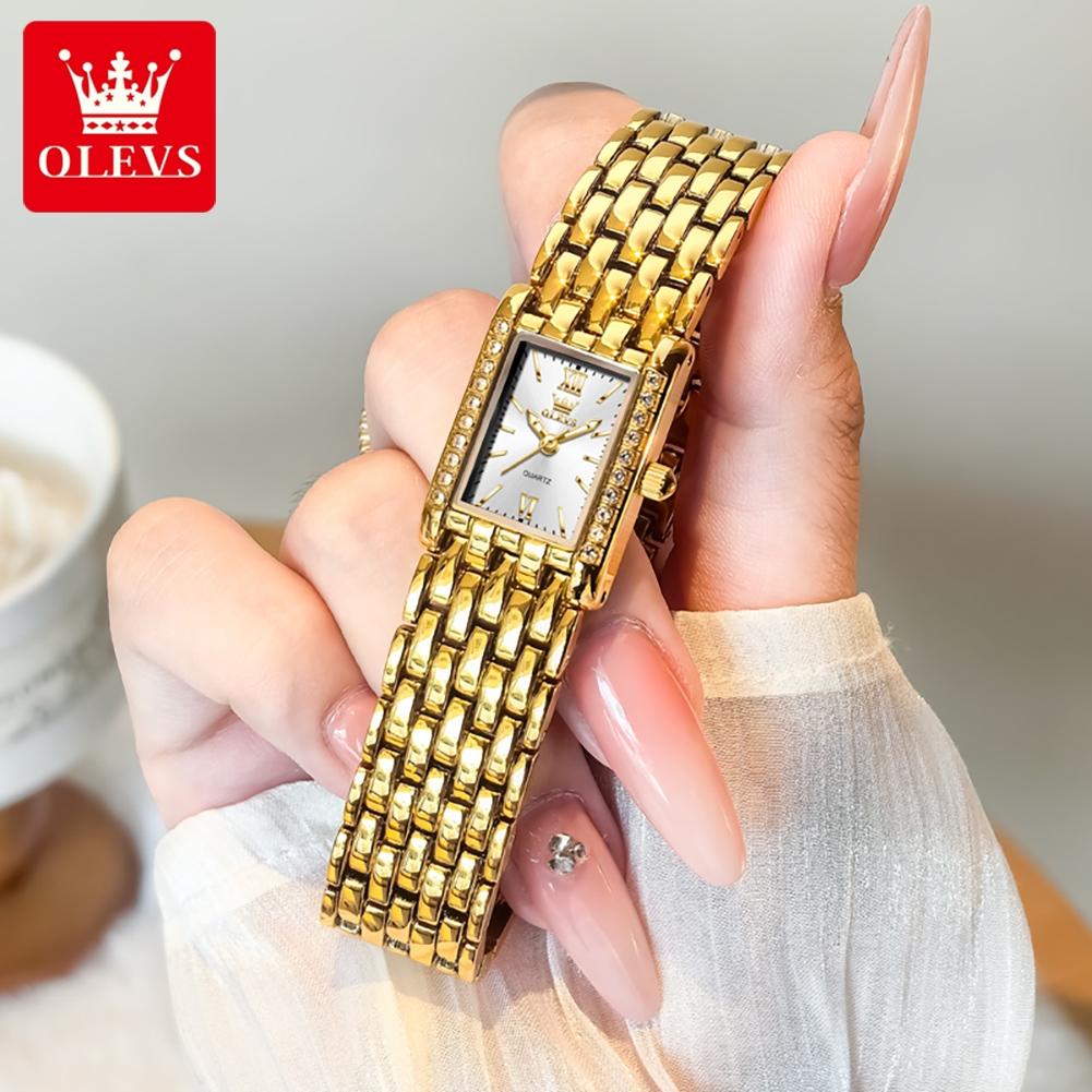 OLEVS Fashion Women's Watches Rectangular Dial Gold Stainless Steel Strap Quartz Watch Luxury Diamond Watch