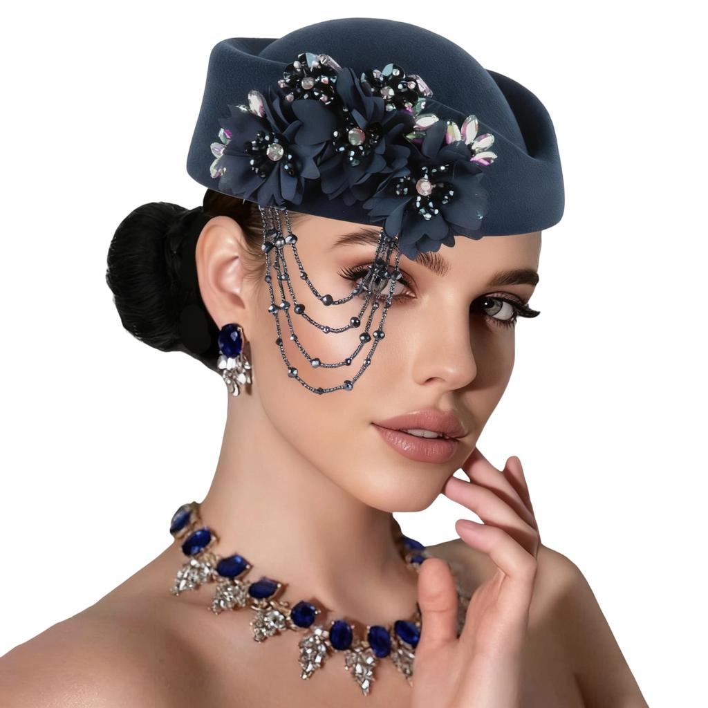 Retro British Hat for Women 3D Floral Rhinestone Decorated Beret Cap Cosplay Costume Accessories