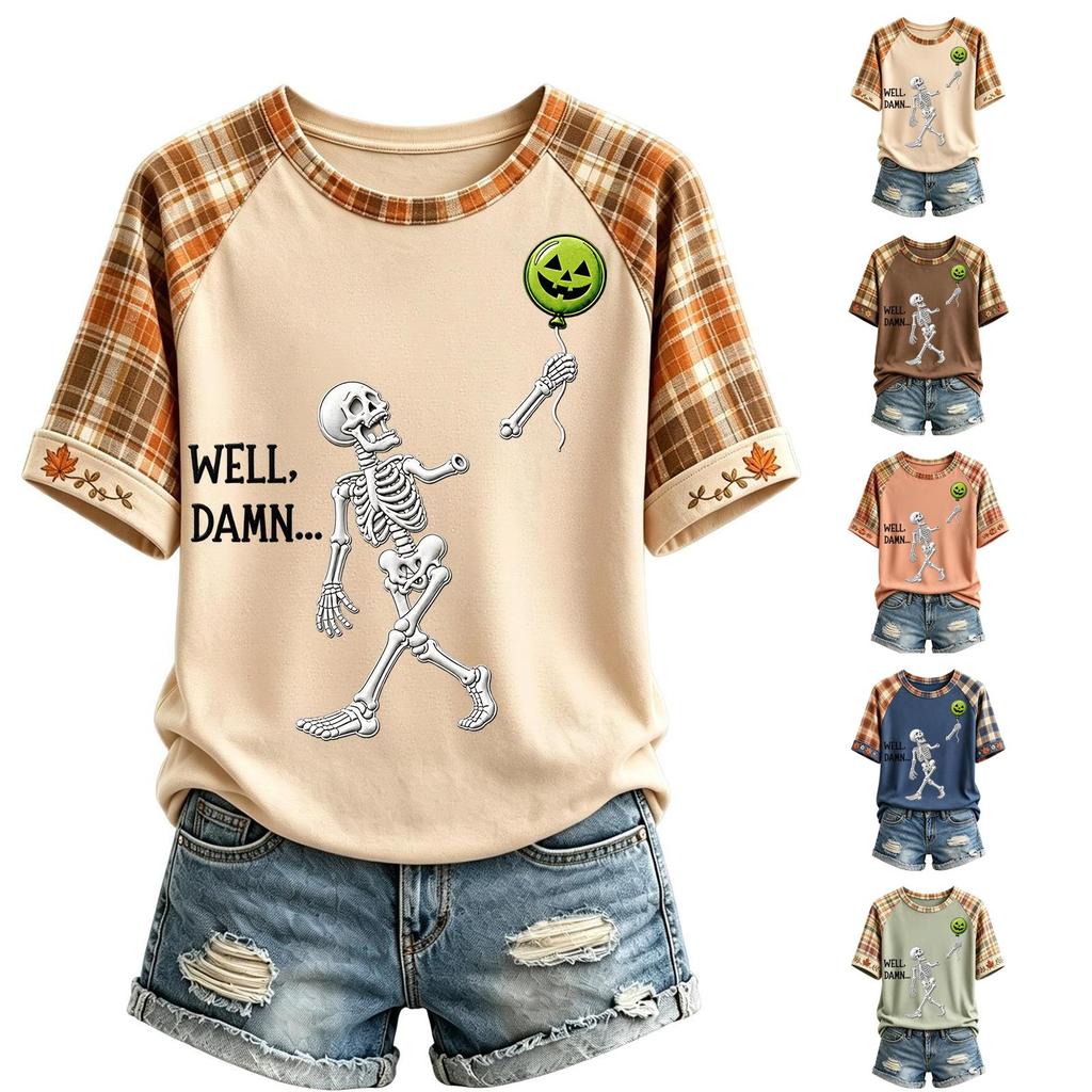Women's Halloween Raglan Sleeve T-Shirt Neck Short Sleeve Printed Top