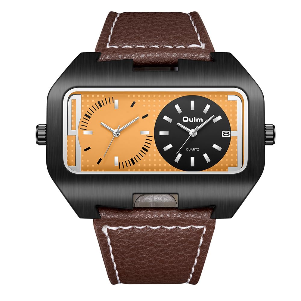 Square Men's Watch, Dual Time, Leather Strap: Waterproof, Calendar, Large Dial, Square Shape