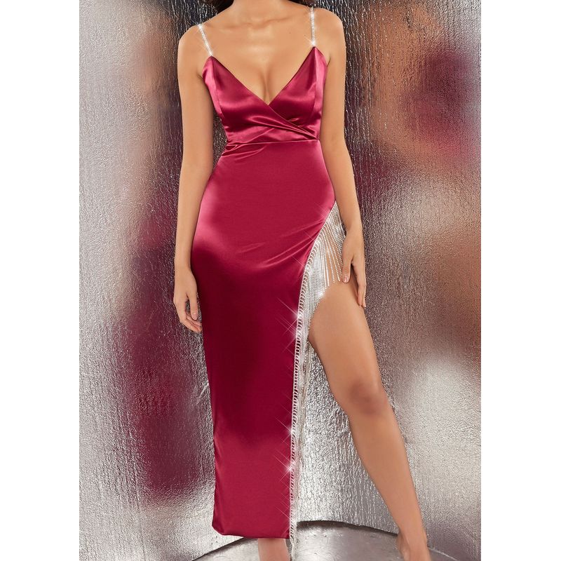 

Export Sexy Sexy Beautiful New Arrival Heavy Industry Diamond Decorations Tassel Suspender Smooth Fabric Design Dress Plus Size Deep Rose Red XL
