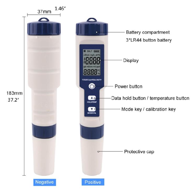 5 in 1 TDS/EC/PH/Salinity/Temperature Water Quality Monitor Tester Hydroponics