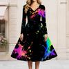 Women s Plus Size V Neck Long Sleeve Printed Black Gold Gray A Line Dress With Waist Belt