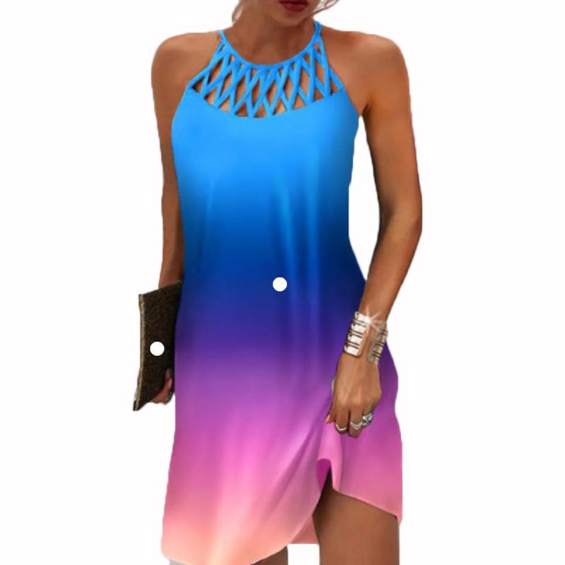 2022 frauen Elegante Kleid Lose Beiläufige Kurze Kleid Aushöhlen Floral Print Rundhals Damen Sommer Kleid