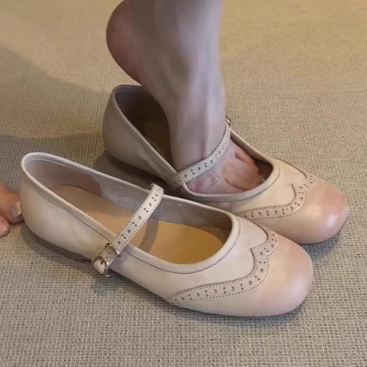 Fashion High-value Ballet Shoes Single Shoes Women's Spring Carved Mary Jane Shoes Retro Style Flat French Small Leather Shoes