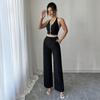 Women's Black White Trim Halter Backless Crop Top and Wide Leg Pants 2 Piece Set