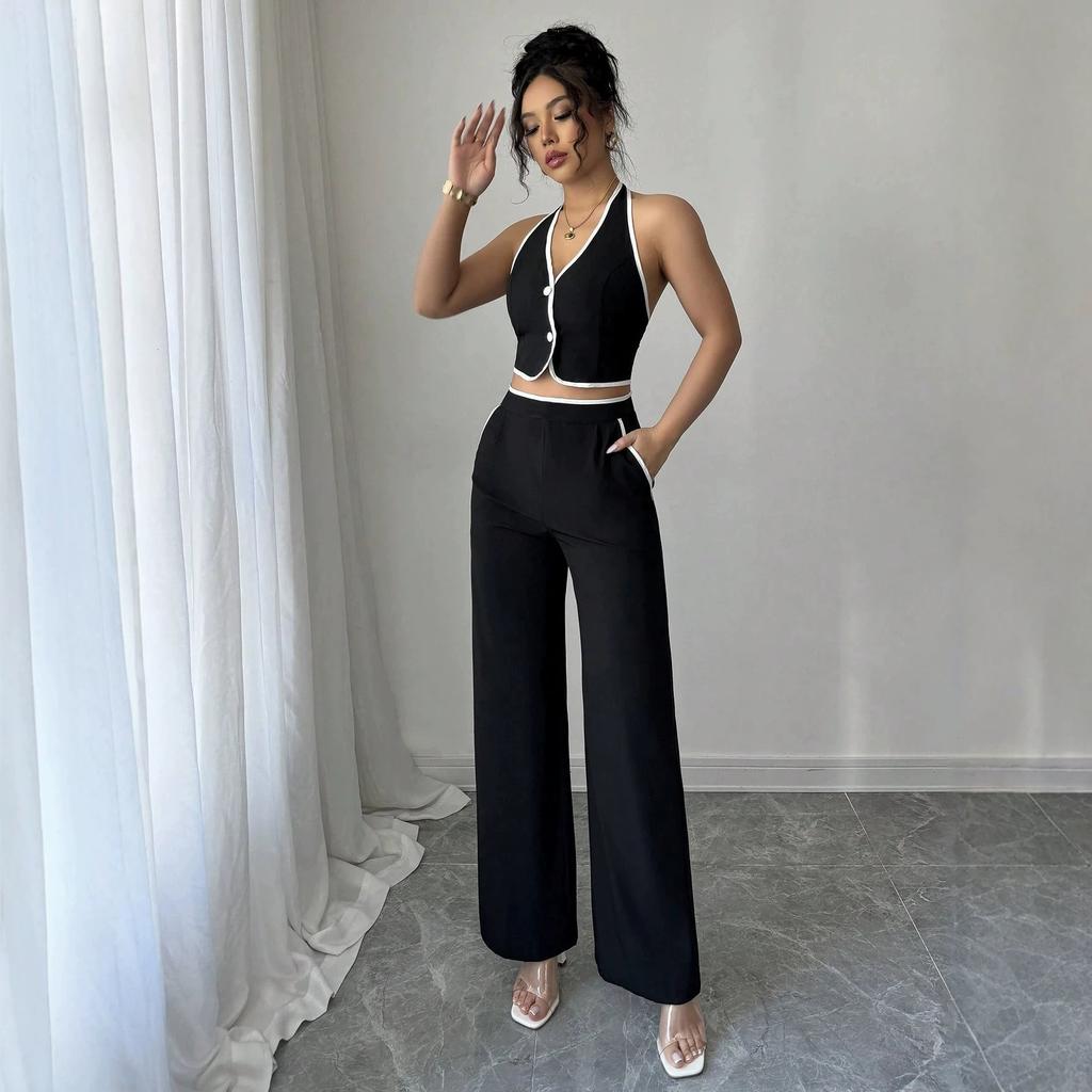 Women's Black White Trim Halter Backless Crop Top and Wide Leg Pants 2 Piece Set