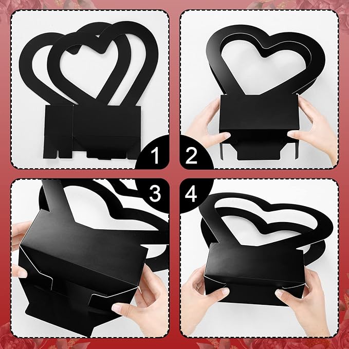 4 Pcs Valentine's Day Gift Bags Heart Shaped Boxes for Flowers Empty Bouquet with Handle Folding Basket for Wedding Arrangement Graduation
