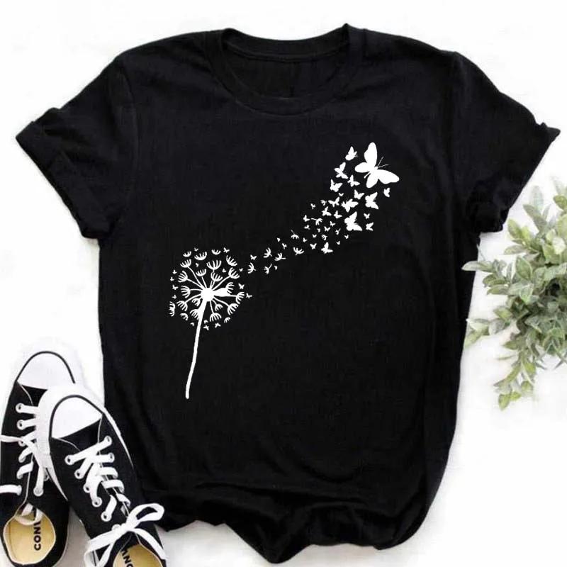 New Summer  Dandelion Butterfly Print Women Tshirt Casual White and Black T-shirt Funny T Shirt Gift for Lady Young Girl Tops