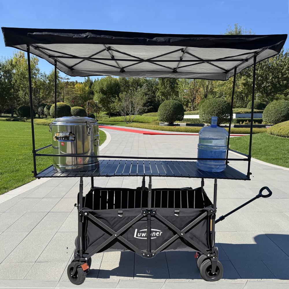 Adjustable Folding Handcart with Umbrella, Elevated Canopy & Table Top for Street Stalls or Camping.