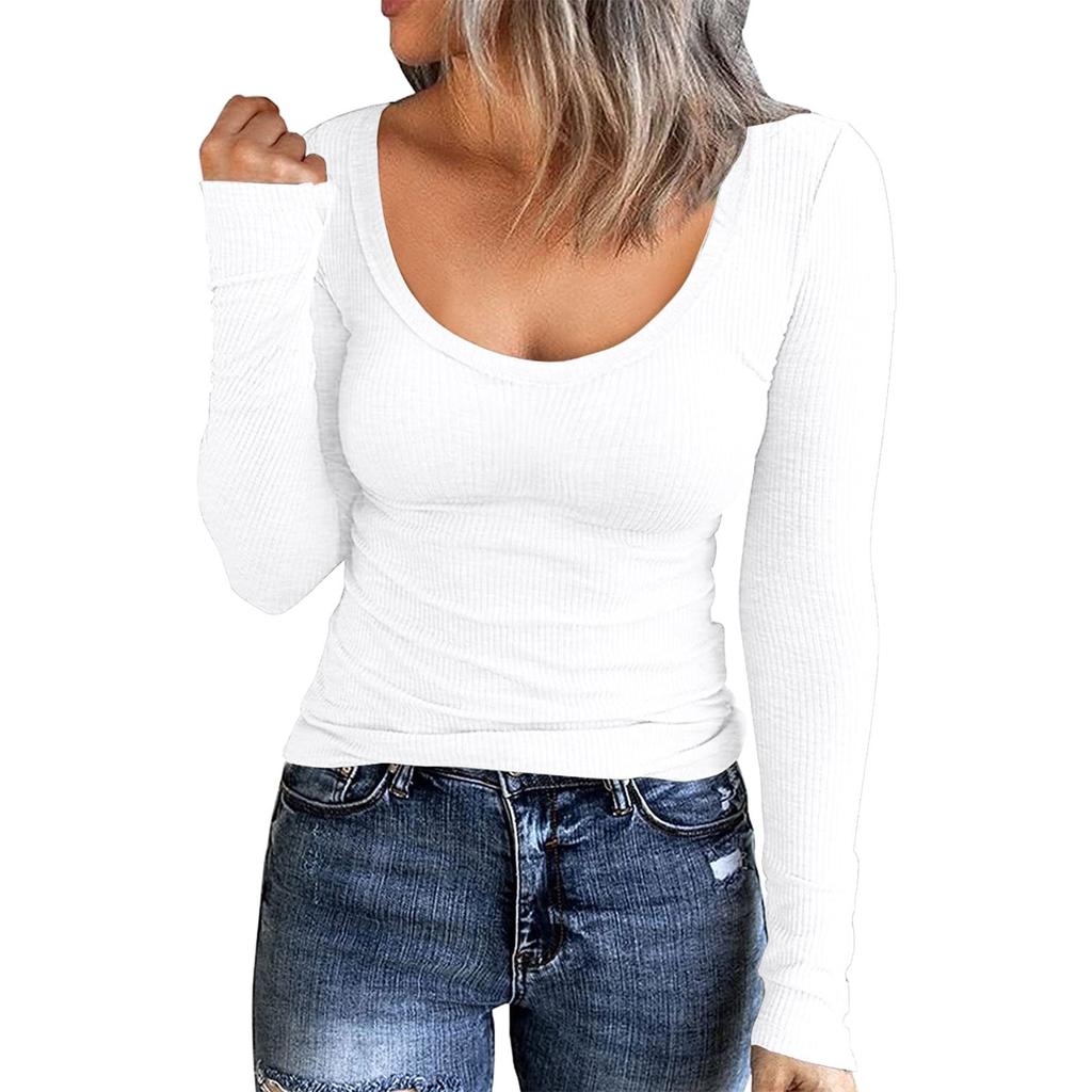 Women's Autumn And Winter Slim Bottom T-shirt Fashion Casual Solid Color U Neck Pullover Long Sleeve Top