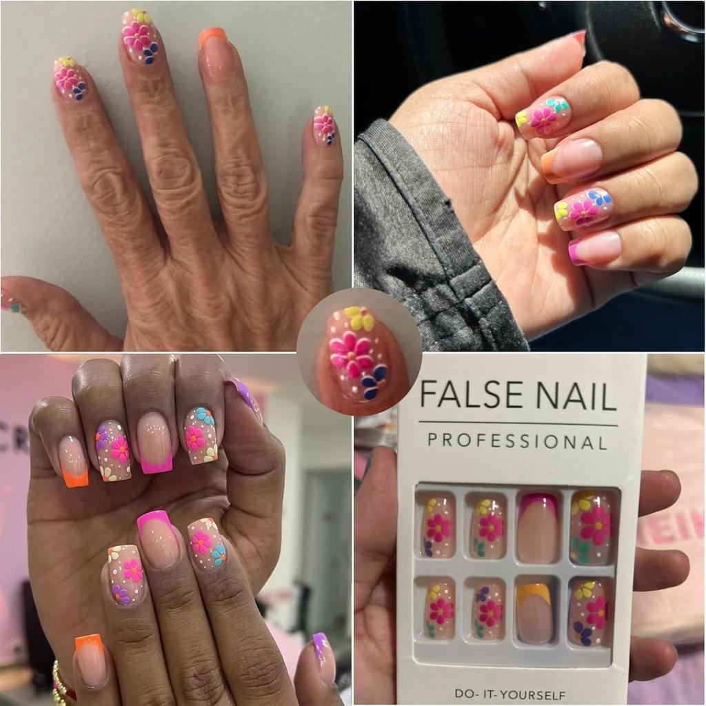 JUHUI Flower Press on Nails Short Square False Nails with Floral Design Orange Purple French Tip Nails 24Pcs