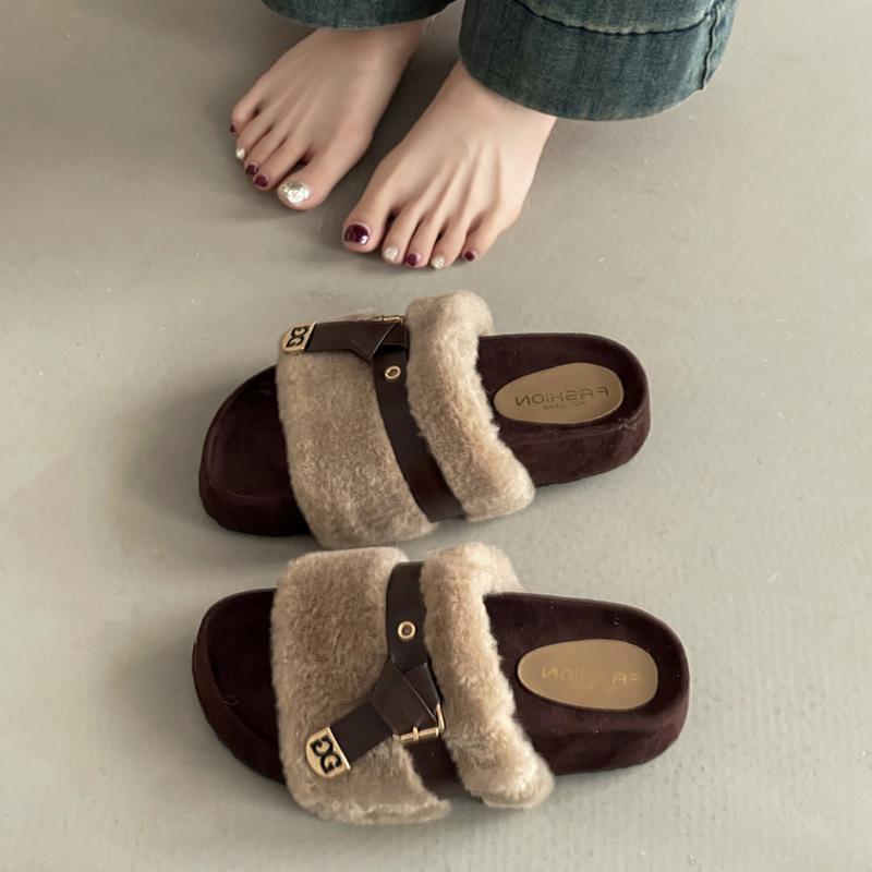 Retro design one-word belt buckle Mao Mao slippers women's autumn and winter fashion versatile belt buckle casual cotton slippers