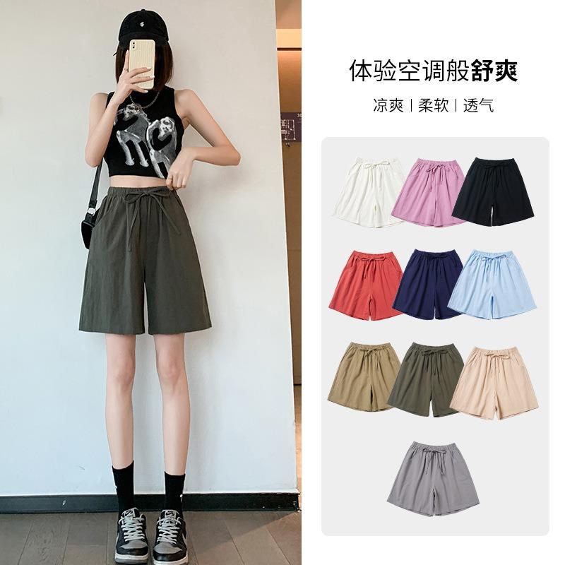 Cotton and Linen Five Quarter Pants Spring Leisure Sports Loose High Waist Wide Leg Pants Casual Shorts Women