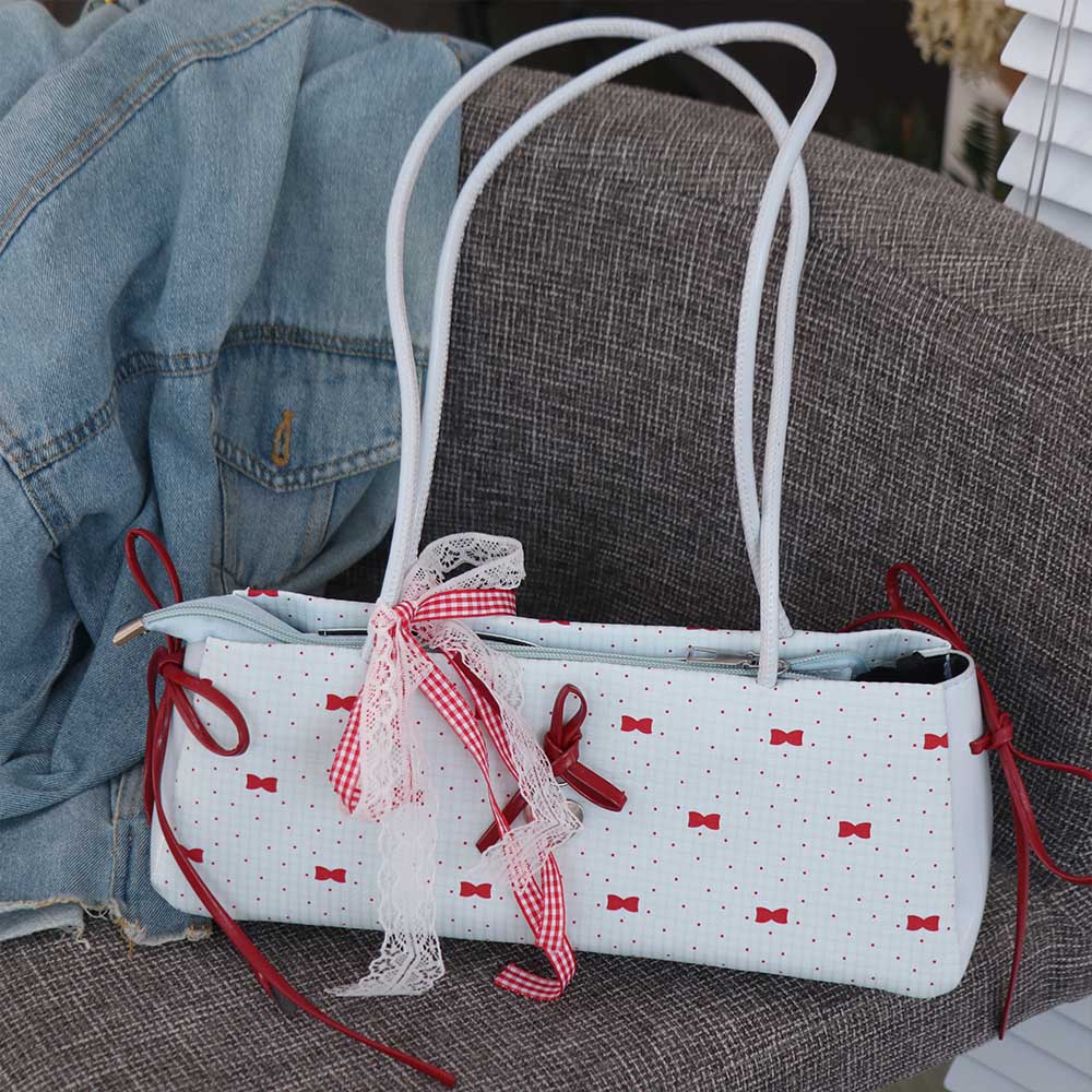 Lace Ribbon French Stick Handbag Sweet Underarm Bags Portable Bow PU Shoulder Bag  Girls