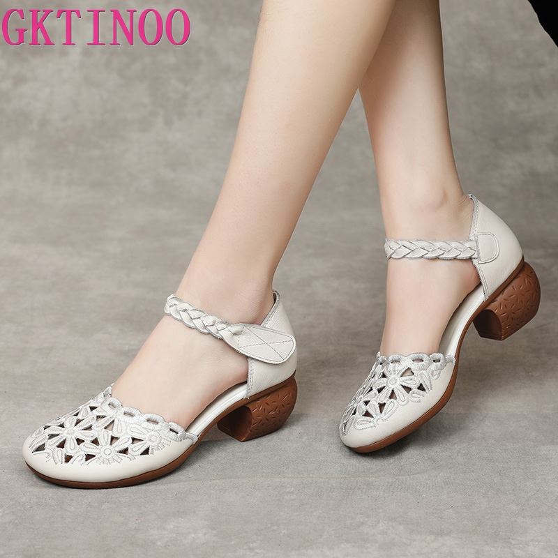 Fashion GKTINOO 2025 Summer Women's Genuine Leather Shoes Woman Retro Hollow Out Sandals Female Hook & Loop Heels Ladies Platform Sandal