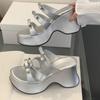 Silver Platform High Heeled Slipper Fashion Bow Party Open Toe Casual Sandals Summer Comfortable Non-Slip Beach Mule Shoe Female
