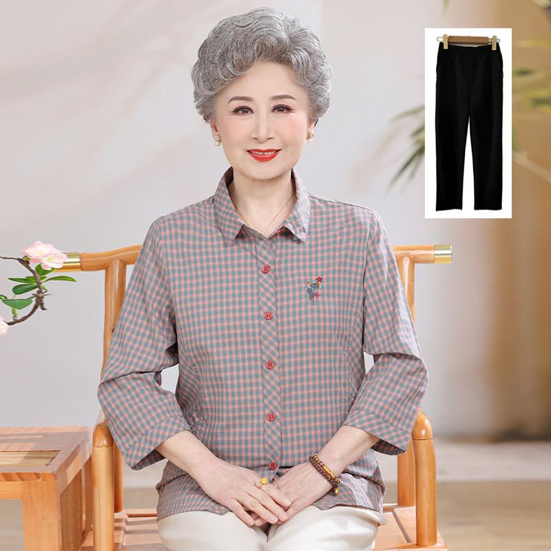 Mid-Length Pure Cotton Shirt for Elderly Women - Three-Quarter Sleeve Top for Spring/Summer