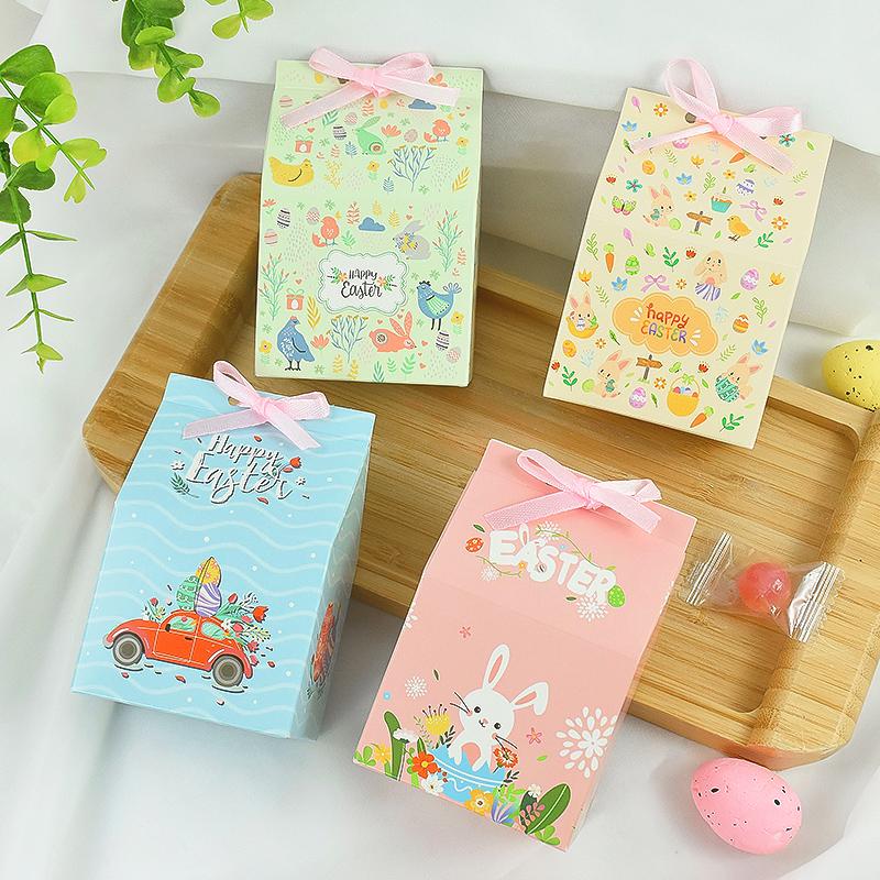 12pcs House Shape Easter Gift Box Cartoon Rabbit Egg Candy Cookie Packing Box Happy Easter Party Decoration Supplies with Ribbon