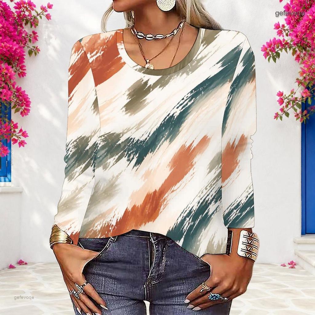Women Plus Size Round Neck Long Sleeve Tie Dye Striped Printed Pullover Sweatshirt