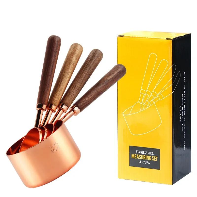 4pcs Kitchen Tools Measuring Spoons Cups Set Wood Handle Stainless Steel Teaspoon Coffee Sugar Scoop Cake Baking Cooking Gadgets