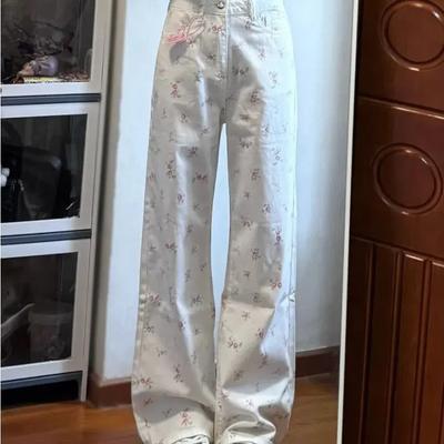 Jeans Florales de Nicho para Mujer Retro Versátiles Streetwear Pantalones Casuales Holgados