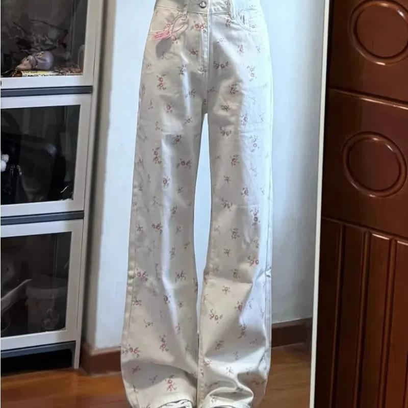 Niche Floral Jeans for Women Retro Versatile High Street Loose Casual Pants