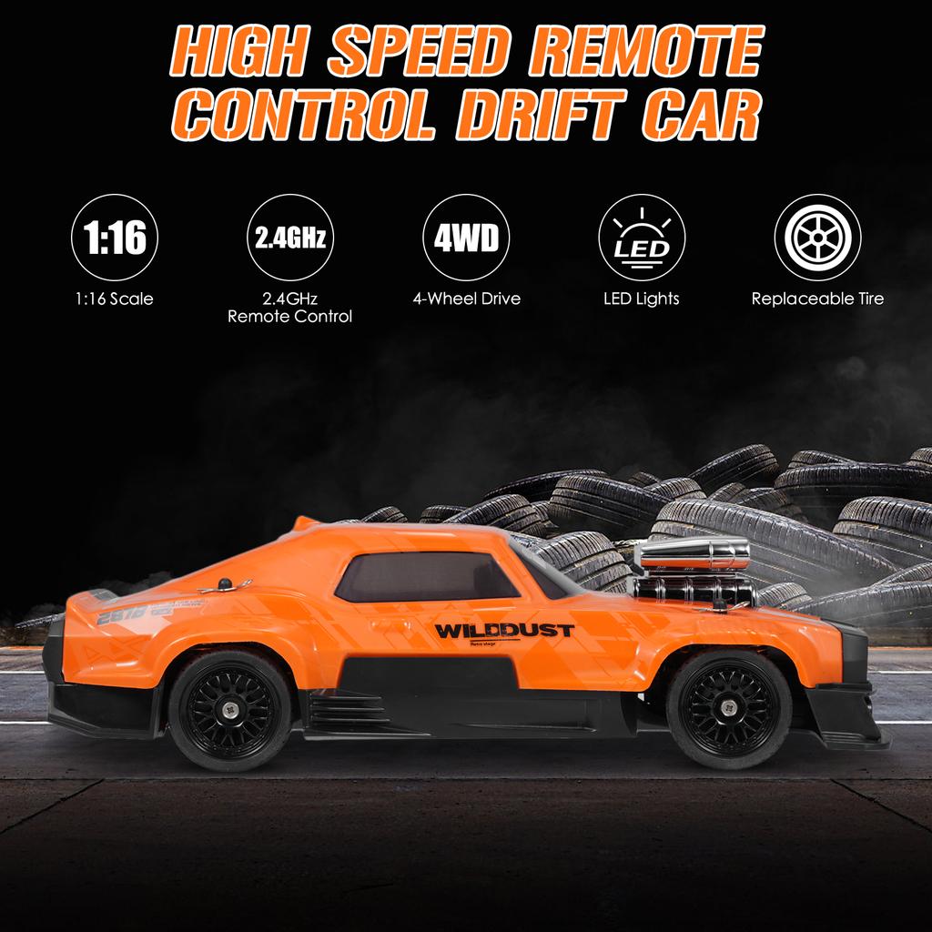 Remote Control Drift Car, 2.4GHz 1:16 Scale 4WD 50KM H High Speed Model Vehicle with Gyro, LED Lights Drifting Tires,