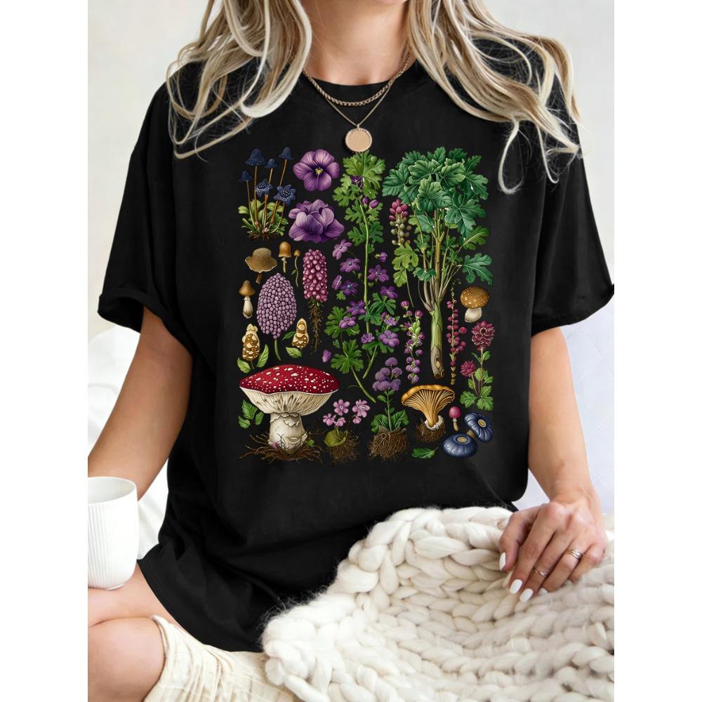 Retro Pilze Blumen Krautige Pflanzen Design Damen T-Shirt Rundhals Kleidung Baumwolle T-Shirt Oversized Sommer