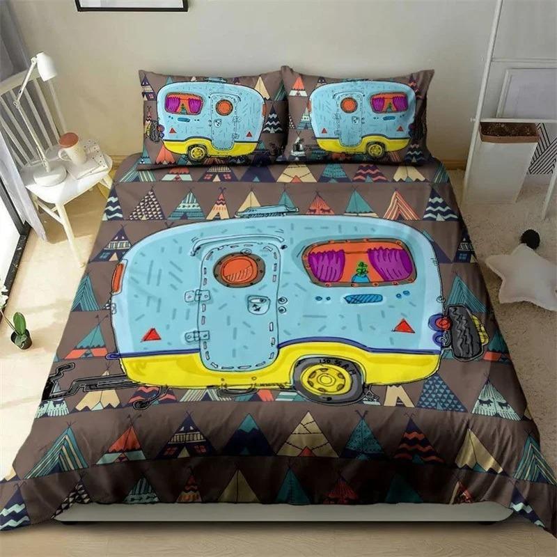 Camping Car Duvet Cover Travel Theme Bedding Set Cartoon Animal Camping Comforter Cover Full King For Teens Adult Camper Gifts