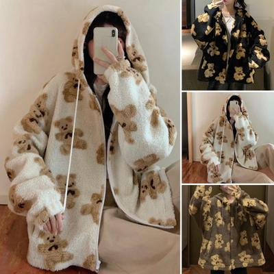 Women Winter Coat Loose Hooded Long Sleeves Animal Print Plush Keep Warm Zipper Cartoon Bear Hoodie Coat for Outdoor