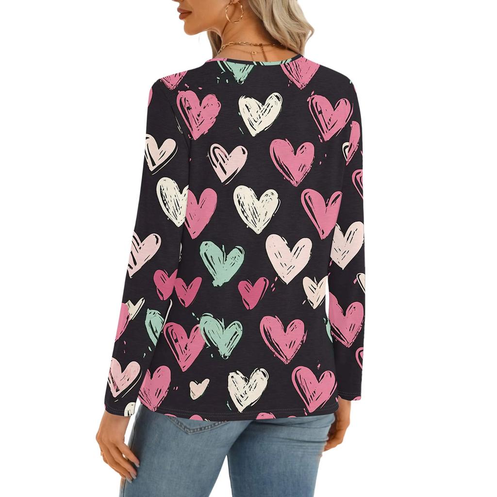 Damen Casual Rundhals Aushöhlung Langarm Valentinstag Herz-Print T-Shirt Top
