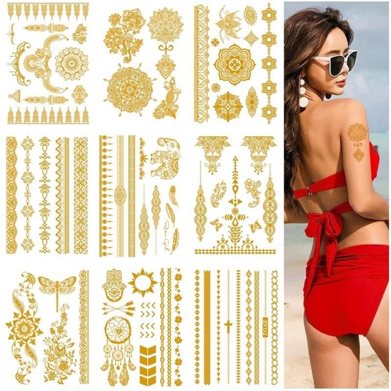 9 Blatt Premium Goldfolie Temporäre Tattoos für Partys und Events mit metallischen Designs und einfacher Anwendung