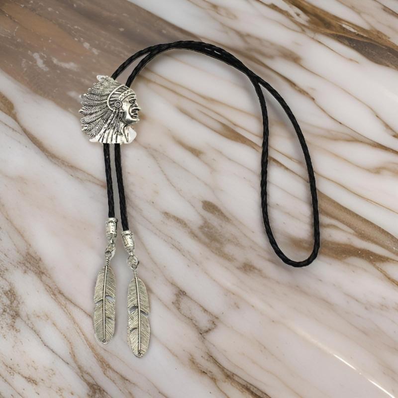 Handmade Jewelry Bolo Tie Western Cowboy Faux Leather Rope Necktie with Indian Head Metal Feathered Pendant Necklace