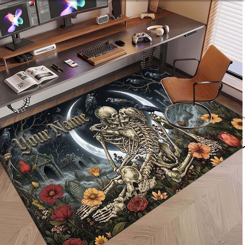 Totenkopf Gothic Thema Weicher Kristall-Samt Teppich Benutzerdefinierter Name & Text Druck Rutschfester Boden Teppich für Schlafzimmer Wohnzimmer