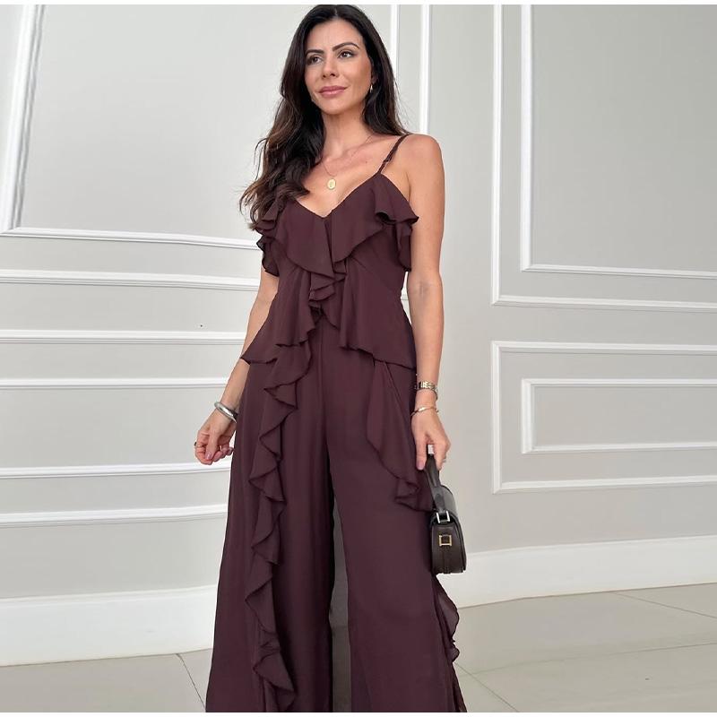 2025 Frühling Einfarbig Rüschen Zweiteiler Damen Sexy V-Ausschnitt Aushöhlung Langes Oberteil & Gerade Hose Outfit Sommer Locker Träger Urlaub Anzug