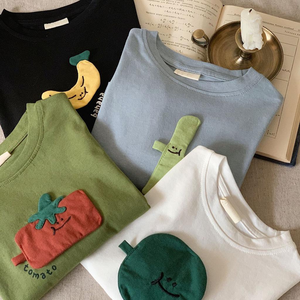 2025 spring children's clothing Japanese T-shirt children's long-sleeved boys and girls three-dimensional sticker fruit bottoming shirt