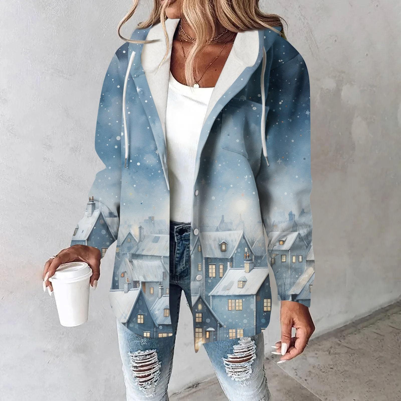 

Толстовки женские зимние теплые толстовки на пуговицах с капюшоном и завязками на шнурке с принтом куртка пальто XL синий