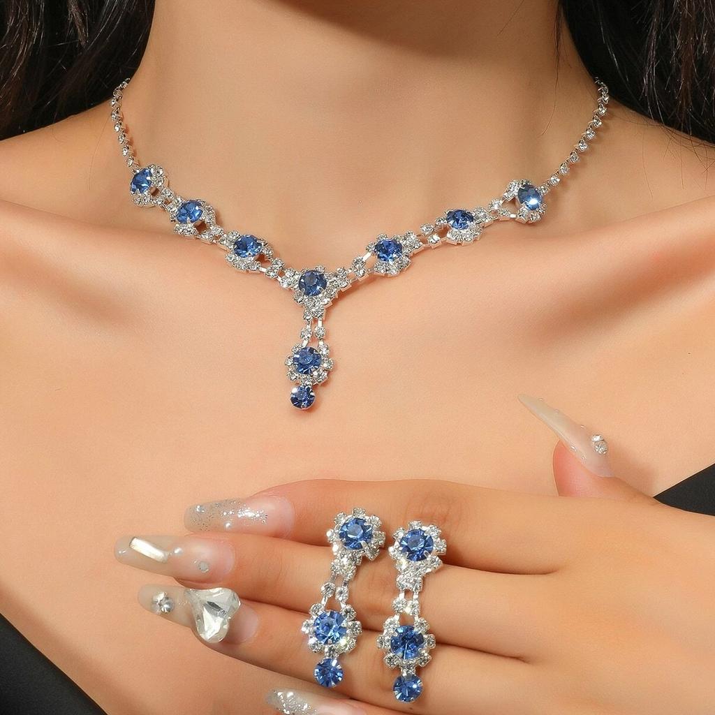 3PC Women's Fashion Geometric Round Water Drop Necklace Earrings Zircon Set Suitable for Wedding, Party, Festival Gifts