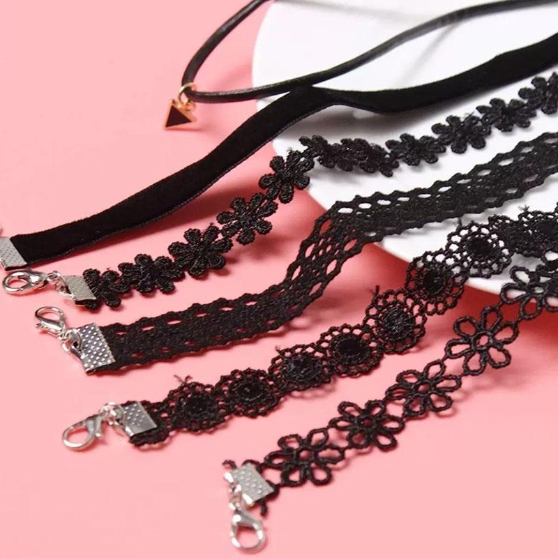 6Pcs/set Gothic Tattoo Black Lace Leather Velvet Collier 90S Punk Style Choker Necklaces Women Collar Femme Chocker Jewellery