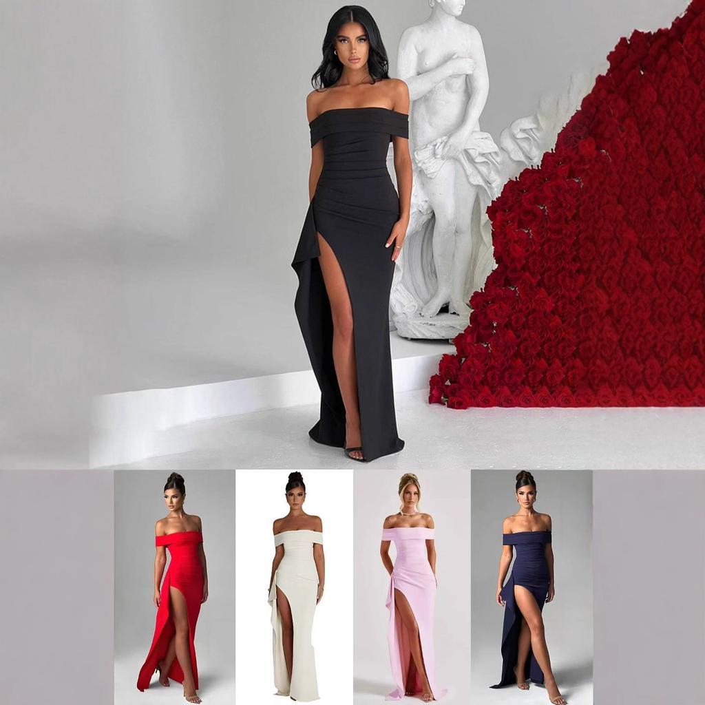 Women's Off Shoulder Ruched Maxi Dress High Slit Bodycon Draped Elegant Evening Party Wedding Guest Dress