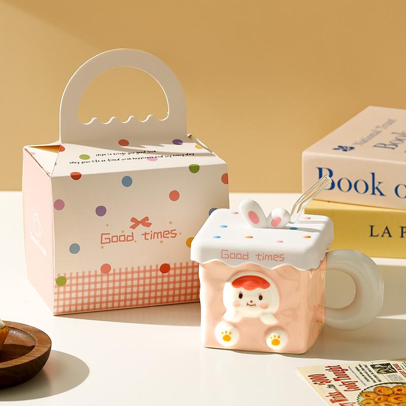 Cana Iepure Tridimensional Drăguță cu Capac Pai Cadou Creativ pentru Fată Cană Ceramică Pătrată pentru Mic Dejun Birou