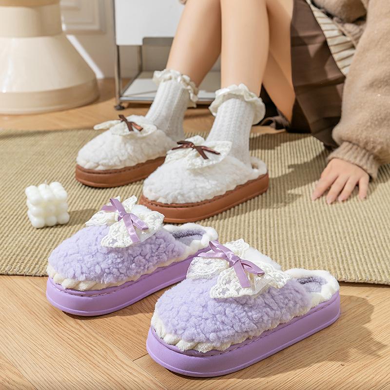 Lace bow cotton slippers autumn and winter home non-slip cotton mop plush warm versatile shoes