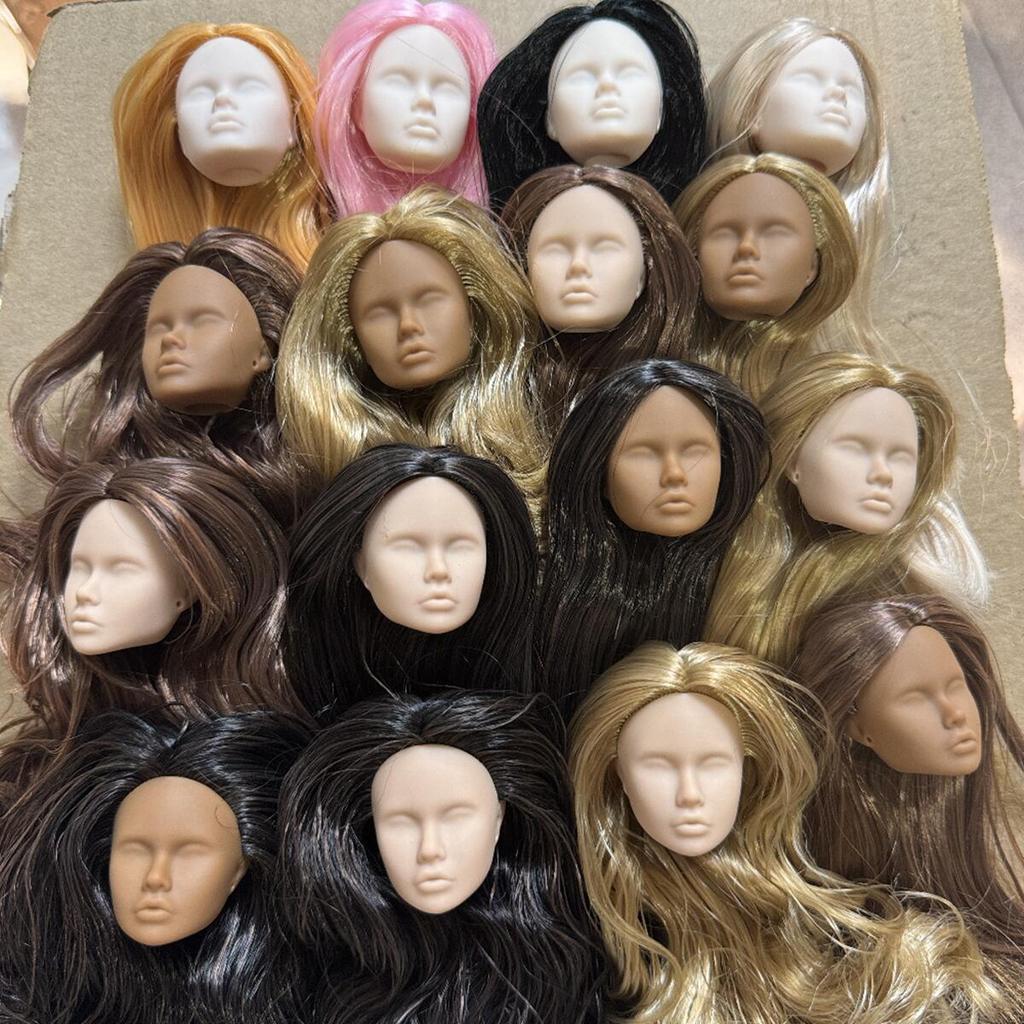 Vintage 1/6 Blank Face Doll Heads With Hair Fashion Doll Head Make Up Practice DIY Toy Parts Girls Birthday Gifts
