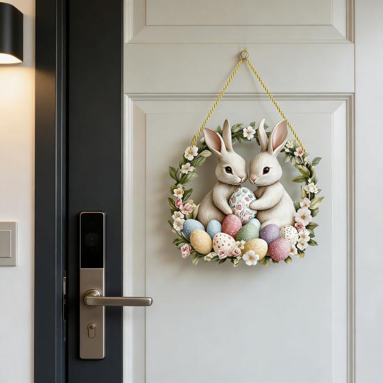 Ghirlanda di Pasqua 2D Coniglietto Acrilico Uova di Pasqua Ghirlanda Ornamento da Appendere Primaverile per Decorazione Porta Muro Finestra