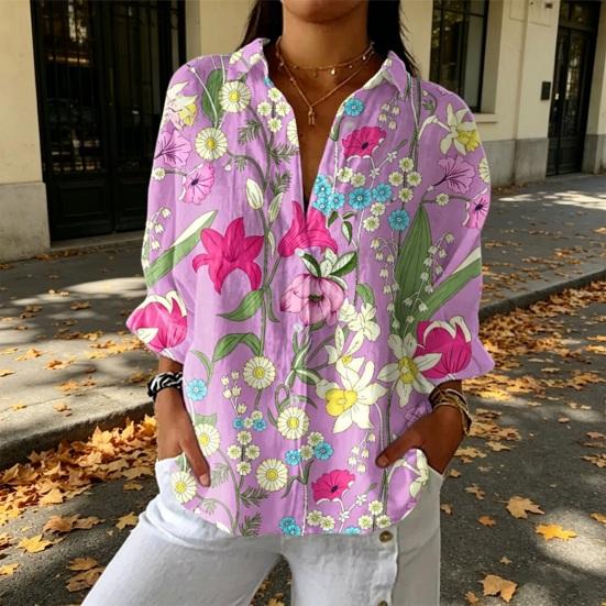 Women Shirt Lapel Long Sleeve Buttons Placket Shirt Tops Loose Fit Mid-length Summer Floral Shirt Lightweight Casual Tops