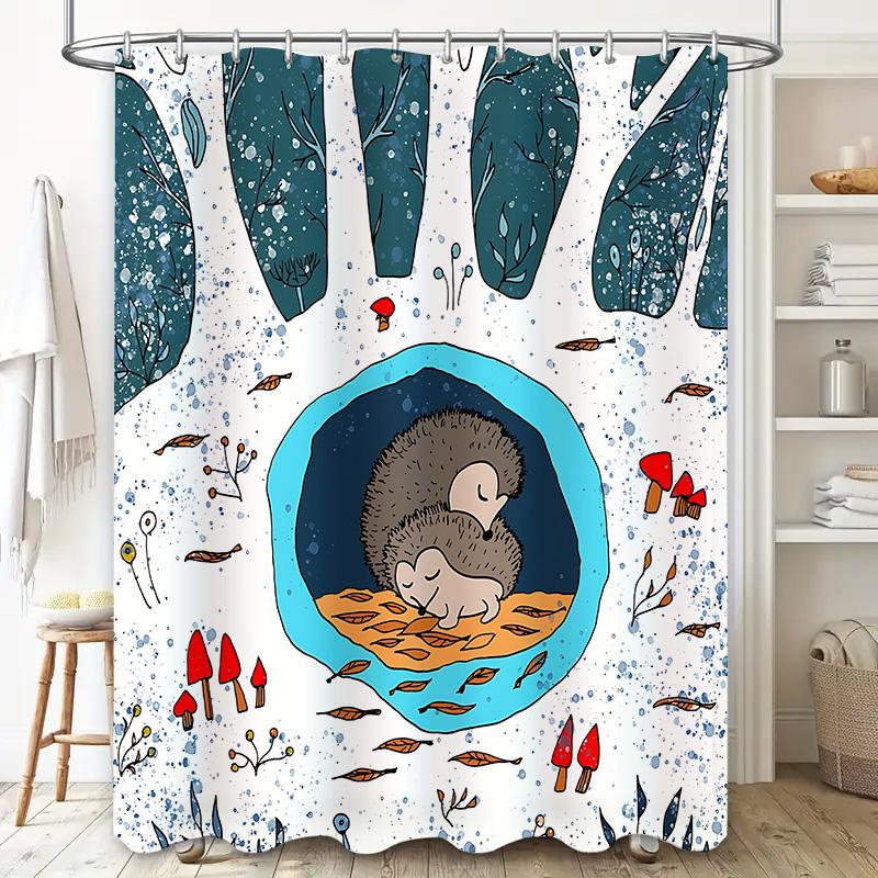 

Adorable Hedgehog Baby Forest Shower Curtain Blue Leaves Red Mushrooms Bathroom Decor Waterproof For Stylish Home Upgrade W60H190(CM)-1 Pcs